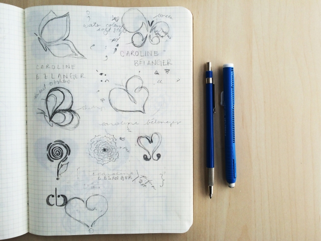 Hand sketches of Caroline's logo designs, butterflies, punctuations, sketches